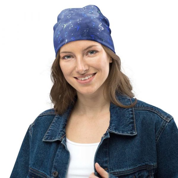 Blue Watercolor Music Notes Beanie - all over print beanie white front e f - Shujaa Designs