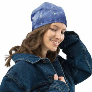 Blue Watercolor Music Notes Beanie - all over print beanie white right front e - Shujaa Designs