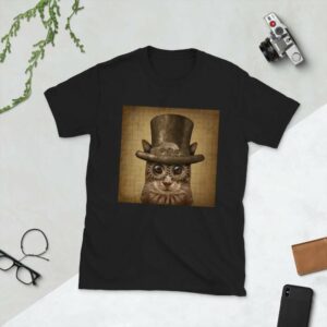 Steampunk Cat - unisex basic softstyle t shirt black front dc f - Shujaa Designs