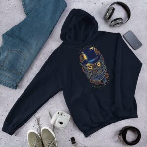 Steampunk Owl Hoodie - unisex heavy blend hoodie navy front b c af - Shujaa Designs