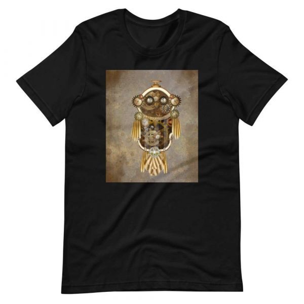 Steampunk Owl - unisex staple t shirt black front bac b - Shujaa Designs
