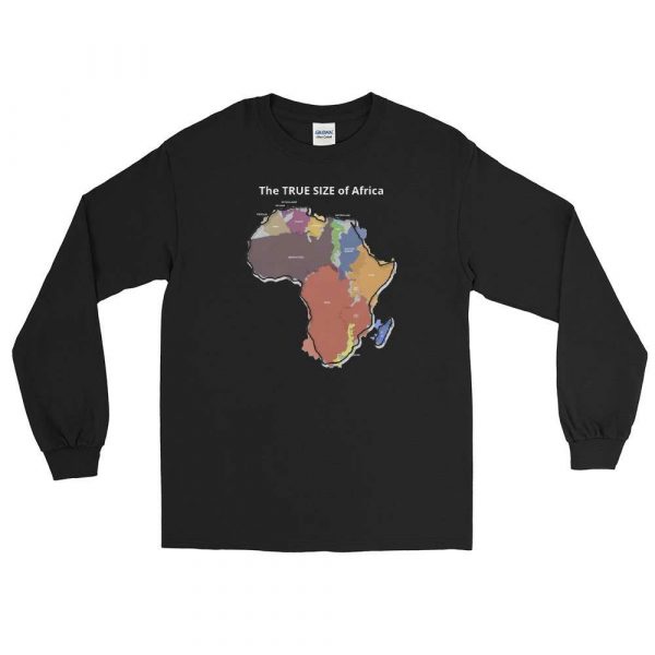 The TRUE SIZE of Africa Long Sleeve Shirt - mens long sleeve shirt black front - Shujaa Designs