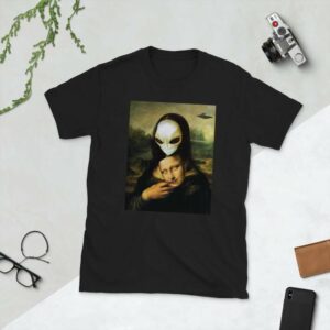 Alien Mona Lisa - unisex basic softstyle t shirt black front a - Shujaa Designs