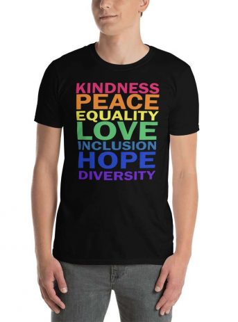 Kindness Peace - unisex basic softstyle t shirt black front a fea - Shujaa Designs
