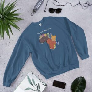 The TRUE SIZE of Africa Sweatshirt - unisex crew neck sweatshirt indigo blue front b cdd - Shujaa Designs