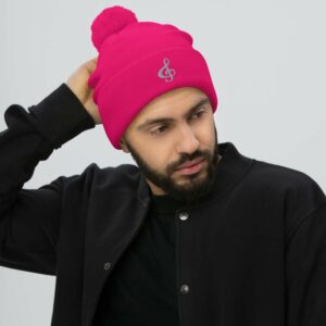 Treble Clef Pom-Pom Beanie - pom pom knit cap neon pink front c a ed - Shujaa Designs