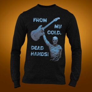 From My Cold Dead Hands Long Sleeve Cotton Tee - ghosted mockup of a heather man s long sleeve tee on a customizable background - Shujaa Designs