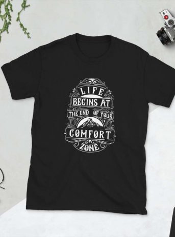 Life Begins At The End of Your Comfort Zone – Motivational Typography Design Short-Sleeve Unisex T-Shirt - unisex basic softstyle t shirt black front af d - Shujaa Designs