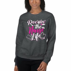 Rockin The Nurse Life – Nurse Design Unisex Sweatshirt - unisex crew neck sweatshirt dark heather front b d fe - Shujaa Designs