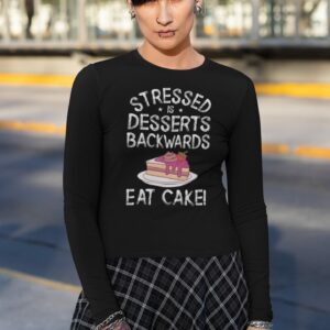 Stressed Is Desserts Backwards Eat Cake Unisex Heavy Blend™ Crewneck Sweatshirt - long sleeve tee mockup of an androgynous woman with a long skirt - Shujaa Designs