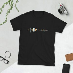 Colorful Electric Guitar Heartbeat – Short-Sleeve Unisex T-Shirt - unisex basic softstyle t shirt black front f e - Shujaa Designs