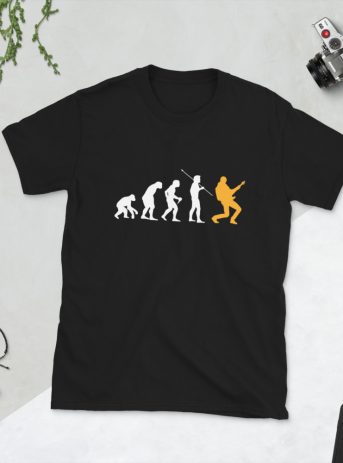 Guitar Art – Evolution Of Man Ape To Rocking Guitarist -Short-Sleeve Unisex T-Shirt - unisex basic softstyle t shirt black front a b a - Shujaa Designs