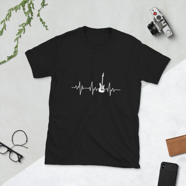 Guitar Art – Guitar Heartbeat – Short-Sleeve Unisex T-Shirt - unisex basic softstyle t shirt black front b a df d - Shujaa Designs