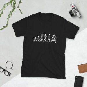 Guitar Art – Evolution Of Man Ape To Rocker – Short-Sleeve Unisex T-Shirt - unisex basic softstyle t shirt black front b e f - Shujaa Designs