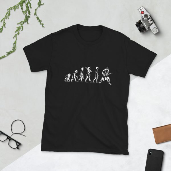 Guitar Art – Evolution Of Man Ape To Rocker – Short-Sleeve Unisex T-Shirt - unisex basic softstyle t shirt black front b e f - Shujaa Designs