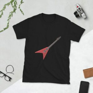 Guitar Art – Red Flying V-Style Guitar – Short-Sleeve Unisex T-Shirt - unisex basic softstyle t shirt black front b efc f - Shujaa Designs