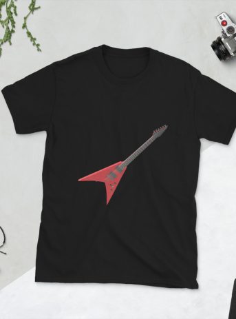 Guitar Art – Red Flying V-Style Guitar – Short-Sleeve Unisex T-Shirt - unisex basic softstyle t shirt black front b efc f - Shujaa Designs