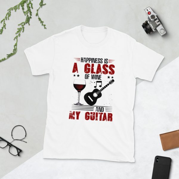 Happiness Is A Glass Of Wine ANd My Guitar Short-Sleeve Unisex T-Shirt - unisex basic softstyle t shirt white front fcf b - Shujaa Designs