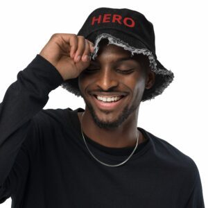 HERO Embroidered Distressed denim bucket hat - distressed denim bucket hat black denim front fe f aae - Shujaa Designs