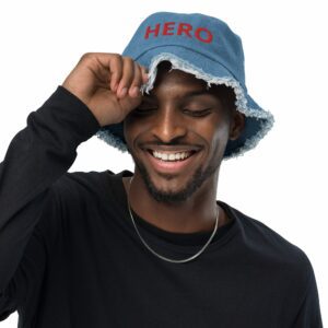 HERO Embroidered Distressed denim bucket hat - distressed denim bucket hat light denim front fe f acc - Shujaa Designs