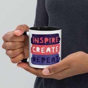 Private: Inspire Create Repeat Motivational Quote Mug with Color Inside - white ceramic mug with color inside black oz left b d e - Shujaa Designs
