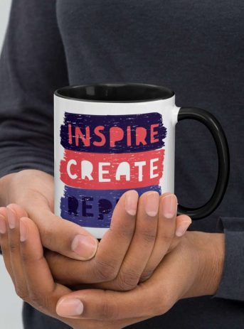 Private: Inspire Create Repeat Motivational Quote Mug with Color Inside - white ceramic mug with color inside black oz right b c d - Shujaa Designs