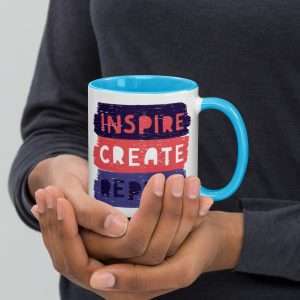 Private: Inspire Create Repeat Motivational Quote Mug with Color Inside - white ceramic mug with color inside blue oz right b c - Shujaa Designs