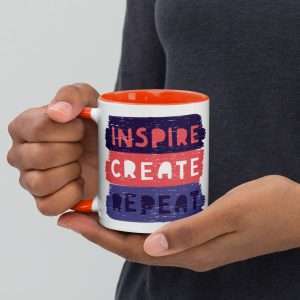 Private: Inspire Create Repeat Motivational Quote Mug with Color Inside - white ceramic mug with color inside orange oz left b c - Shujaa Designs
