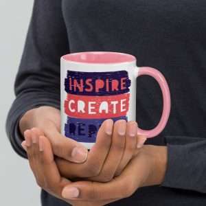 Private: Inspire Create Repeat Motivational Quote Mug with Color Inside - white ceramic mug with color inside pink oz right b a - Shujaa Designs