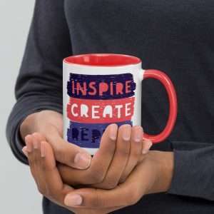 Private: Inspire Create Repeat Motivational Quote Mug with Color Inside - white ceramic mug with color inside red oz right b e - Shujaa Designs