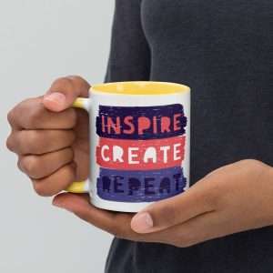 Private: Inspire Create Repeat Motivational Quote Mug with Color Inside - white ceramic mug with color inside yellow oz left b b - Shujaa Designs