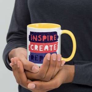 Private: Inspire Create Repeat Motivational Quote Mug with Color Inside - white ceramic mug with color inside yellow oz right b e - Shujaa Designs