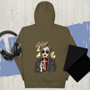 Private: Girl Wearing A Crown, Leather Jacket And Spiked Glasses Unisex Hoodie - unisex premium hoodie military green back b cec b - Shujaa Designs