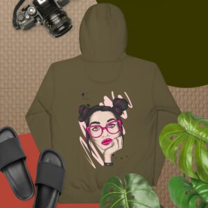 Private: Beautiful Girl In Red Glasses With Hair In Buns Unisex Hoodie - unisex premium hoodie military green back b - Shujaa Designs