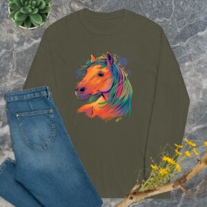 Private: Watercolor Horse Long Sleeve Shirt - mens long sleeve shirt military green front ba e e - Shujaa Designs